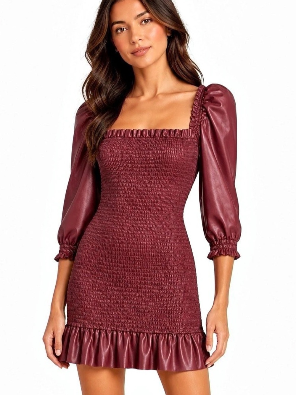 NWT 7 For All Mankind Faux Leather Smocked Mini Dress Burgundy